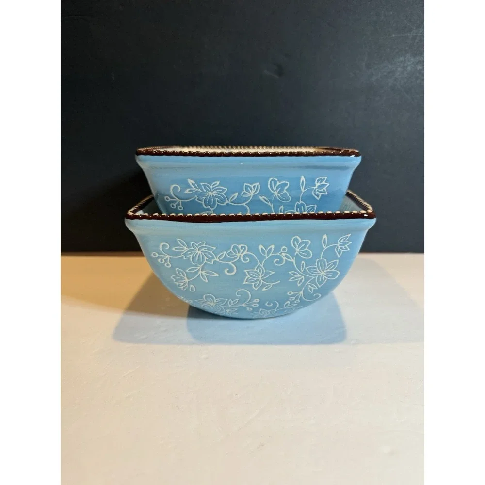 Temp-tations by Tara Floral Lace Blue Square Nesting Bowls Set 1 & 1.5 Qt